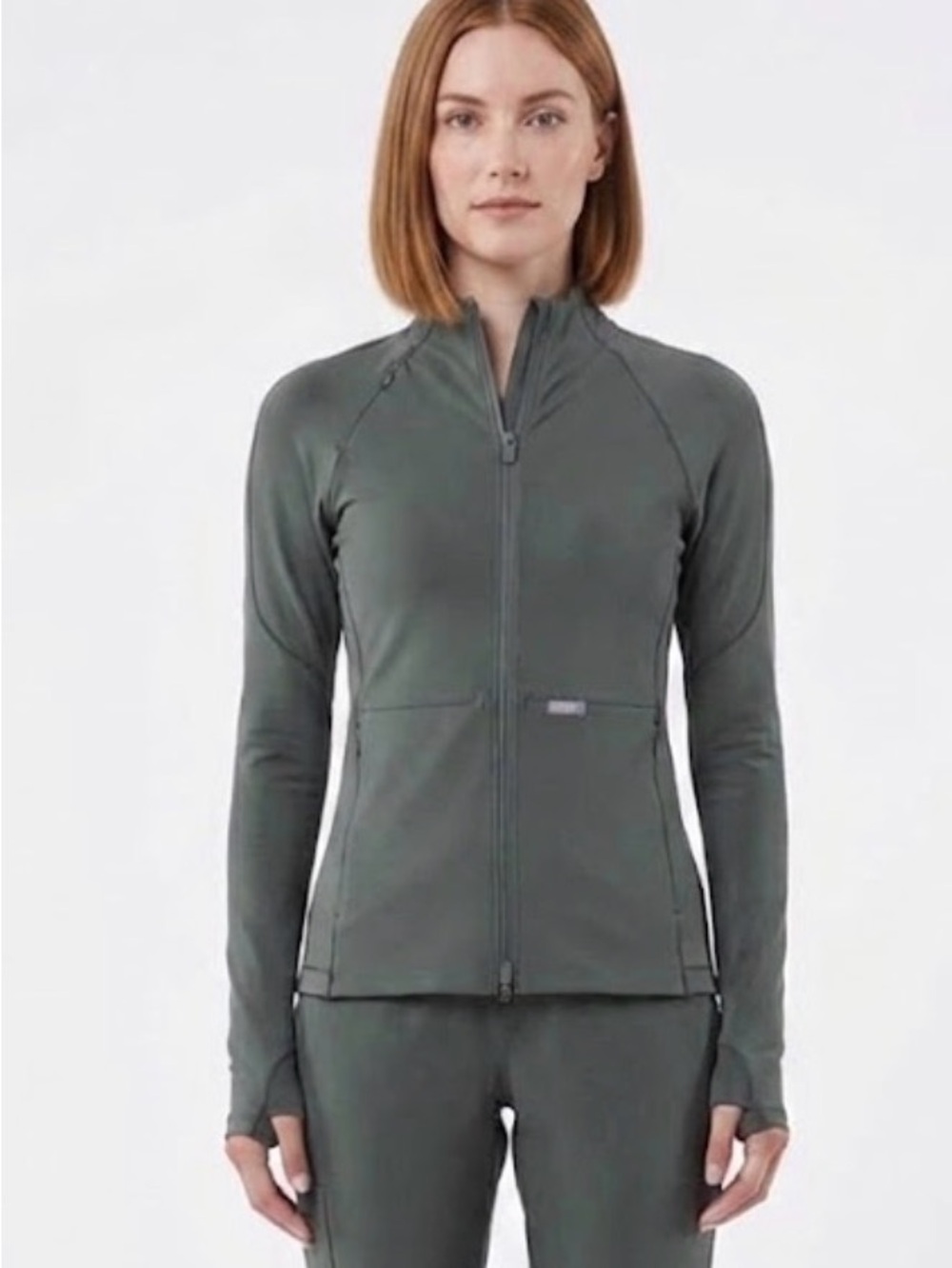 ⁠FIGS On-Shift ContourKnit Full Zip Jacket Dark Olive Moss Green XS Stand Collar